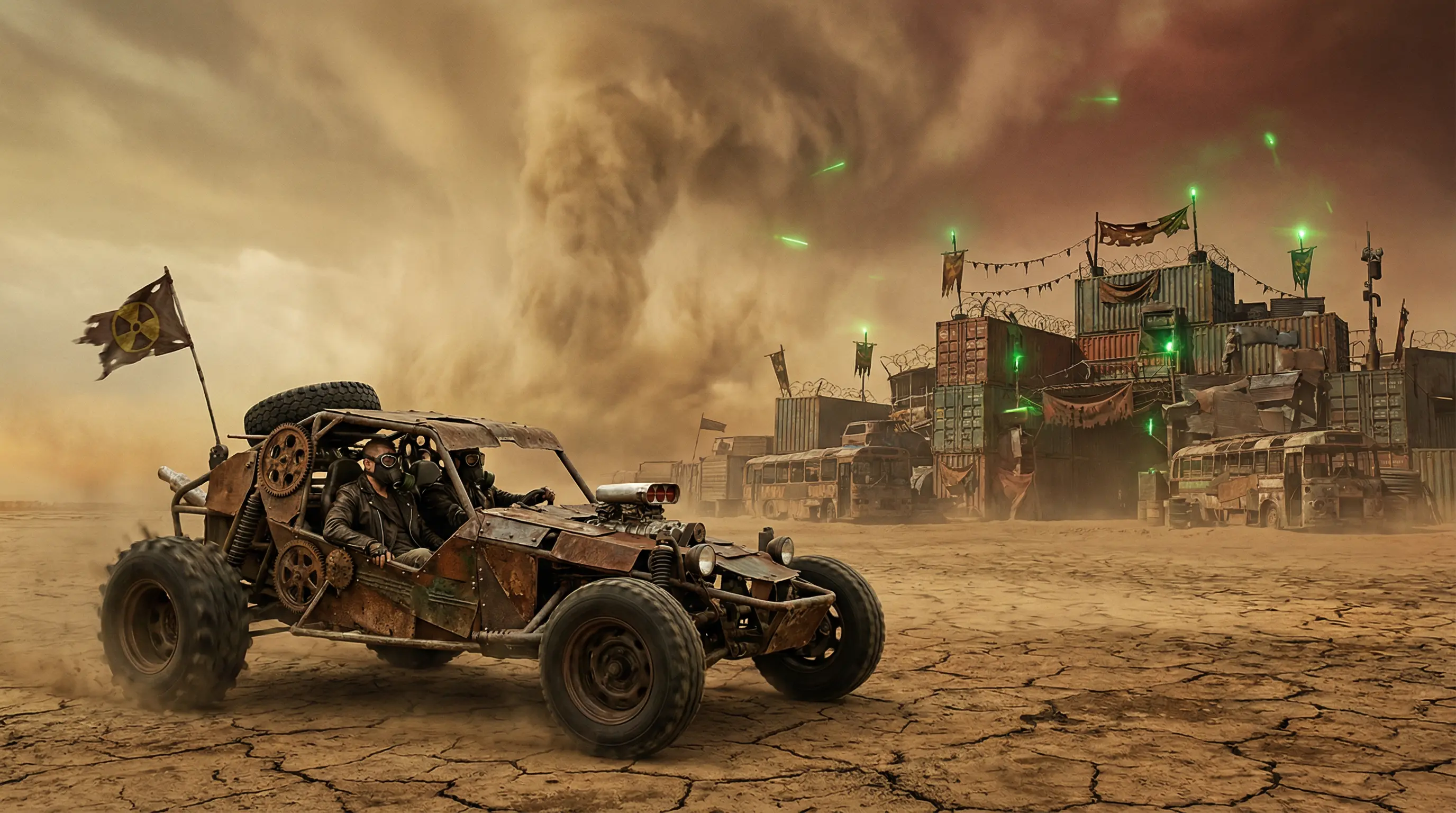 废土荒漠中改装车驶向集装箱城市的末世场景