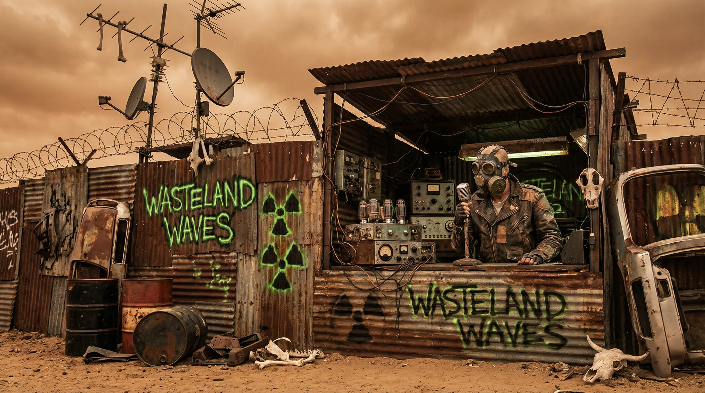 废土电台播音室戴防毒面具的播音员和真空管设备